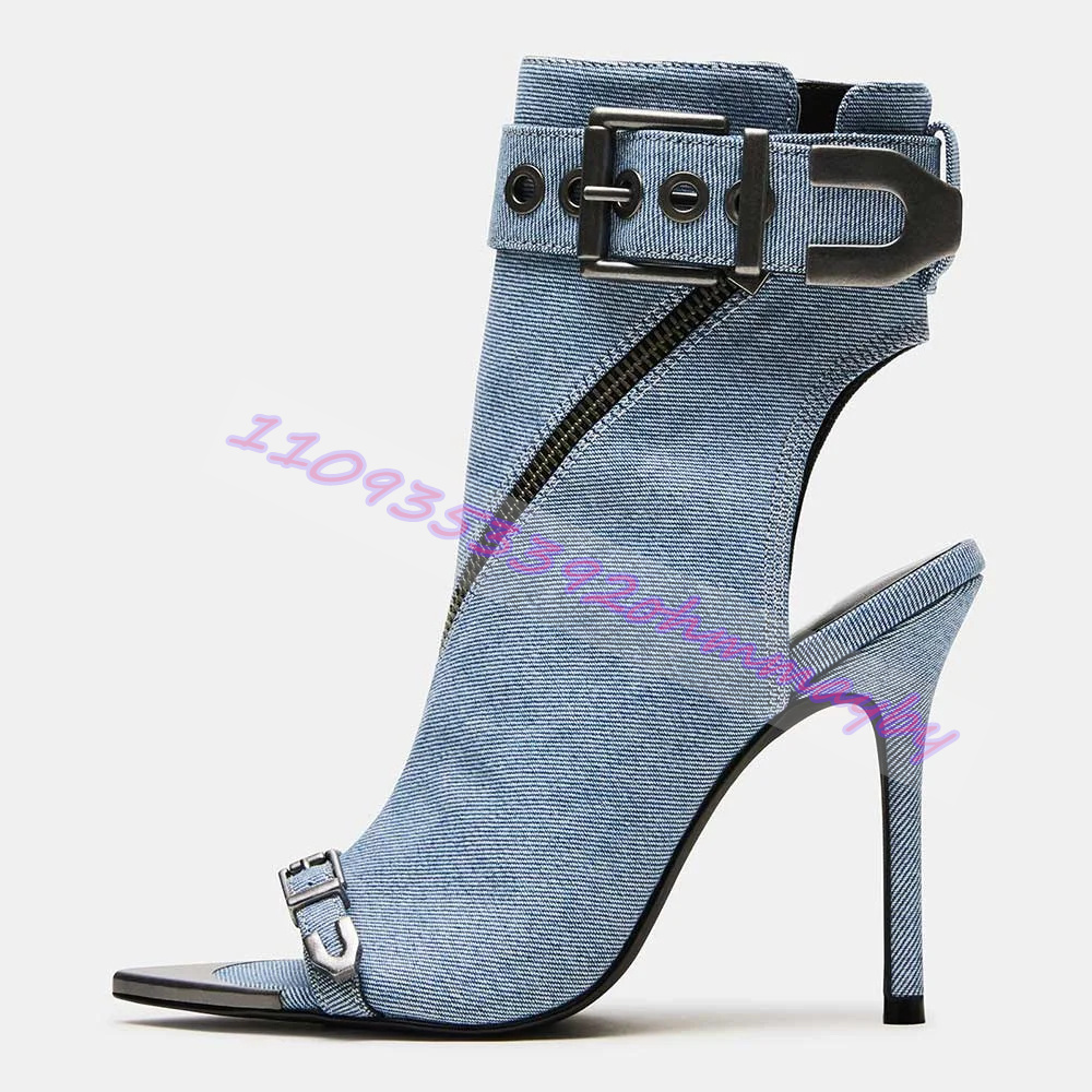 Leather Classic Strap - Sepatu Bot Ujung Runcing Denim Biru