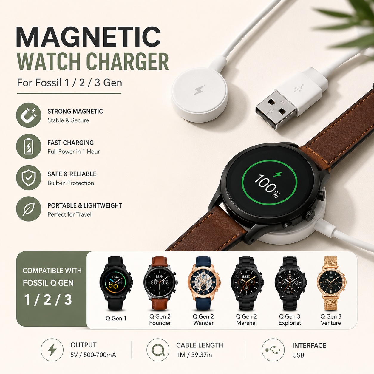 Fossil Smartwatch Accessories - Adaptor Pengisi Daya Jam Tangan USB,